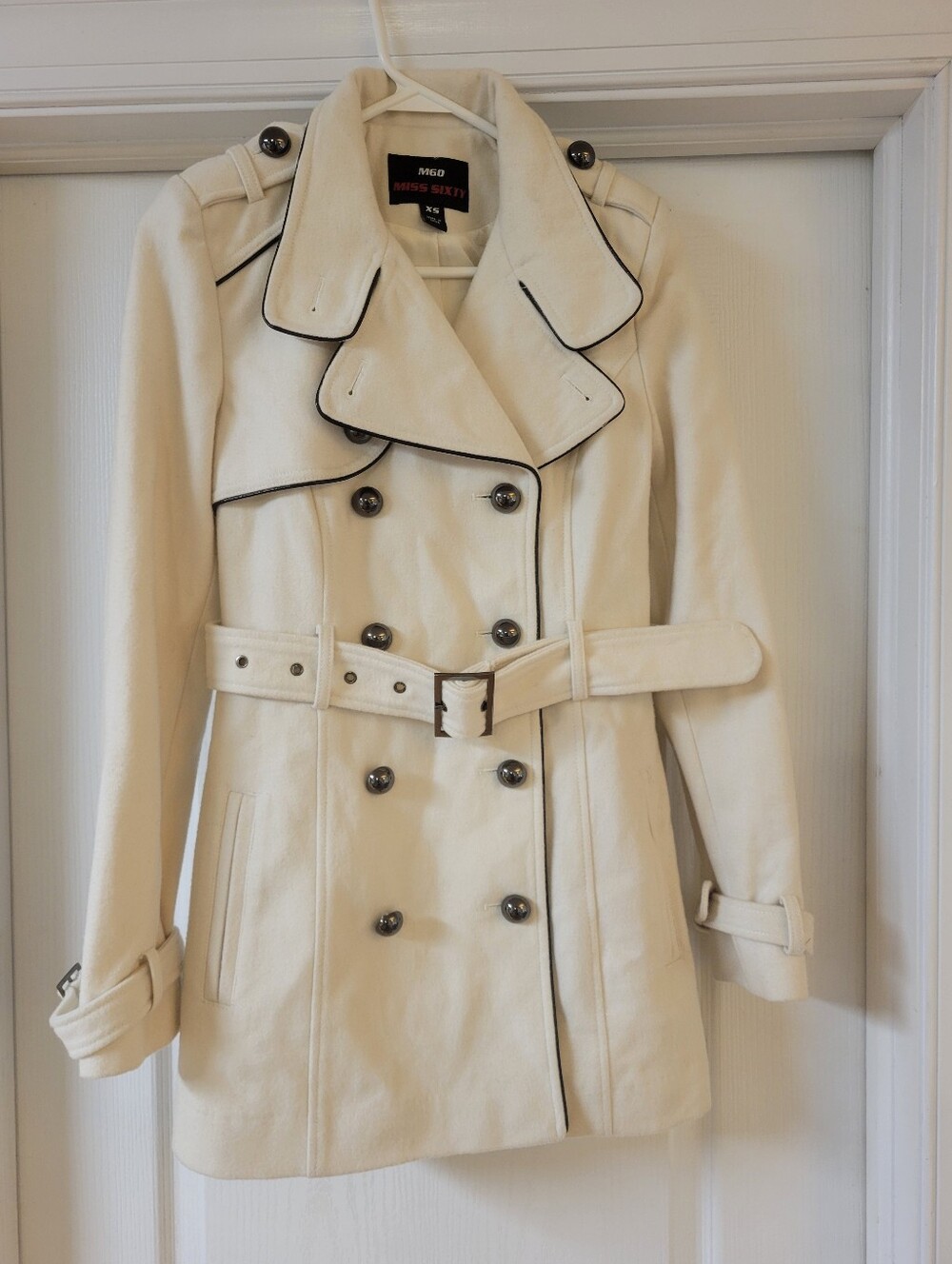 Miss Sixty Cream Double Breasted Wool Coat with Belt Womans Size XS Used